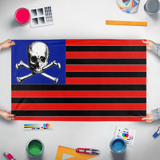 A mockup of the custom flag 'ROGUE STATE flag' held up on a table during print checking