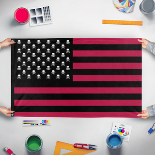 A mockup of the custom flag '1929 Invasion Protest flag' held up on a table during print checking