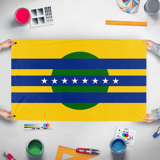 A mockup of the custom flag 'Flag of Bolivar State' held up on a table during print checking
