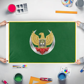 A mockup of the custom flag 'basilica flag' held up on a table during print checking