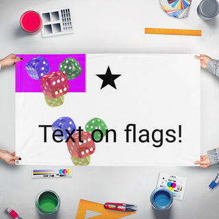 A mockup of the custom flag 'T flag' held up on a table during print checking