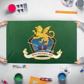A mockup of the custom flag 'Royal Manticoran Army flag' held up on a table during print checking