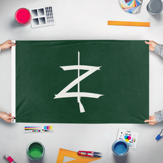 A mockup of the custom flag 'Z flag' held up on a table during print checking
