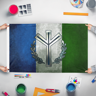 A mockup of the custom flag 'New Cascadia flag' held up on a table during print checking