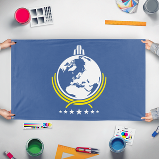 A mockup of the custom flag 'Super Earth flag' held up on a table during print checking