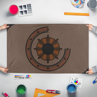 A mockup of the custom flag 'Ustos flag' held up on a table during print checking