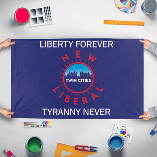 A mockup of the custom flag 'TC NEW LIBS flag' held up on a table during print checking
