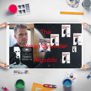 A mockup of the custom flag 'tynan sylvester republic flag' held up on a table during print checking
