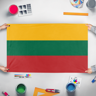 A mockup of the custom flag 'Lithuanian flag' held up on a table during print checking