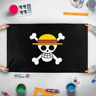 A mockup of the custom flag 'Smaller Straw Hats flag' held up on a table during print checking