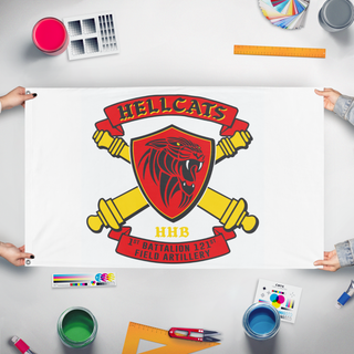 A mockup of the custom flag 'HELLCAT HOR flag' held up on a table during print checking