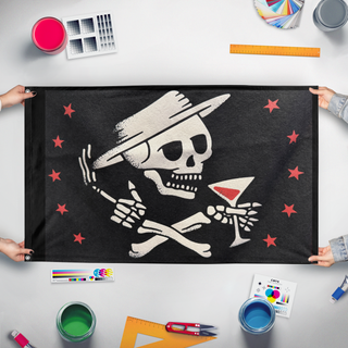 A mockup of the custom flag 'SkellySD flag' held up on a table during print checking