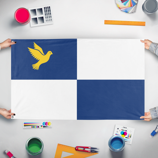 A mockup of the custom flag 'Voslage flag' held up on a table during print checking