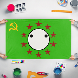 A mockup of the custom flag 'Jimmiestan flag' held up on a table during print checking