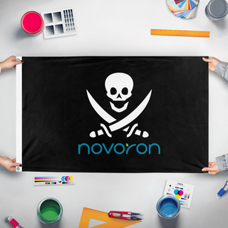 A mockup of the custom flag 'Novoron Pirate flag' held up on a table during print checking