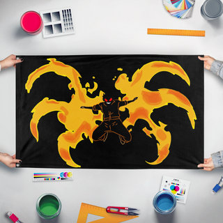 A mockup of the custom flag 'Shinra Devil flag' held up on a table during print checking