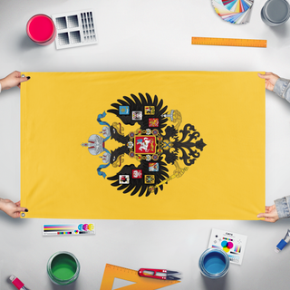 A mockup of the custom flag 'Tsarist Russian Vertical flag' held up on a table during print checking