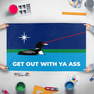A mockup of the custom flag 'Minnesota Laser Loon ICE get out flag' held up on a table during print checking