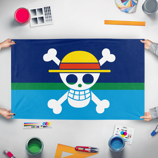 A mockup of the custom flag 'Minnesota Laser Loon Straw Hat Pirates flag' held up on a table during print checking