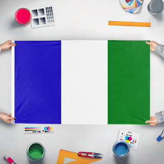 A mockup of the custom flag 'Northwest American Republic flag' held up on a table during print checking