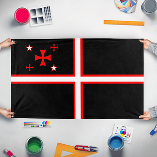 A mockup of the custom flag 'Republic of Stewards  flag' held up on a table during print checking