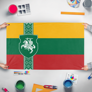 A mockup of the custom flag 'Lithuania Coat of Arms Flag' held up on a table during print checking