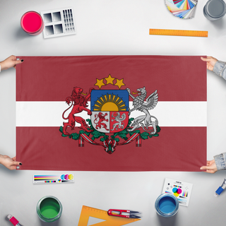 A mockup of the custom flag 'Latvian Coat of Arms flag' held up on a table during print checking