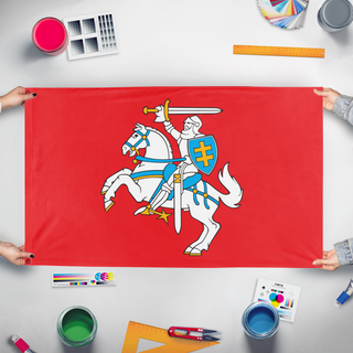 A mockup of the custom flag 'Lithuanian Coat of Arms flag' held up on a table during print checking