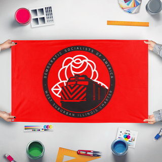 A mockup of the custom flag 'WSILDSA flag' held up on a table during print checking