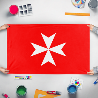 A mockup of the custom flag 'Order of Malta flag' held up on a table during print checking