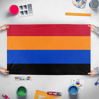 A mockup of the custom flag 'Jonamalaia Flag' held up on a table during print checking