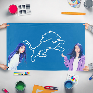 A mockup of the custom flag 'iu flag' held up on a table during print checking