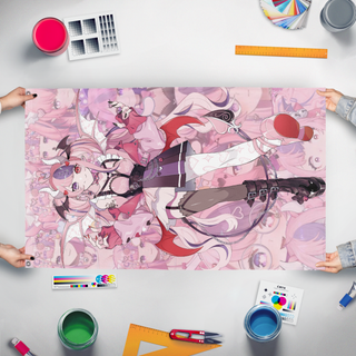 A mockup of the custom flag 'Mouse flag' held up on a table during print checking