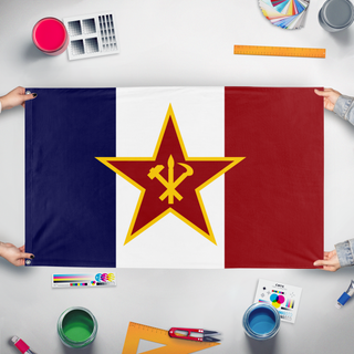 A mockup of the custom flag 'Worker's Republic of France flag' held up on a table during print checking