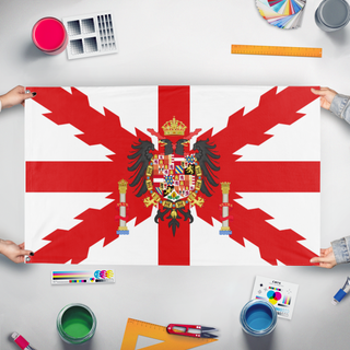 A mockup of the custom flag 'United Theocracy of Spain flag' held up on a table during print checking