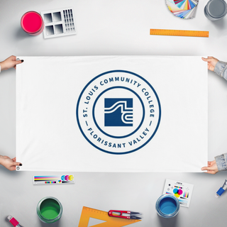 A mockup of the custom flag 'Flo Valley flag' held up on a table during print checking