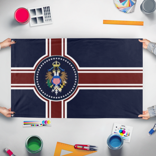 A mockup of the custom flag 'Imperial Flag of the United States' held up on a table during print checking