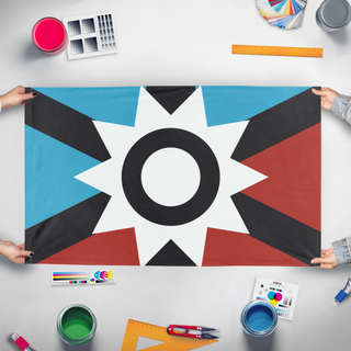 A mockup of the custom flag 'The Commonwealth of VanillaCraft flag' held up on a table during print checking
