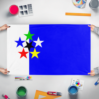 A mockup of the custom flag 'Flags of the World' held up on a table during print checking