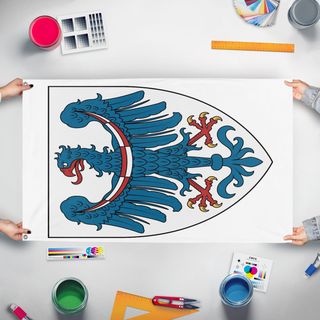 A mockup of the custom flag 'Krain Region flag' held up on a table during print checking