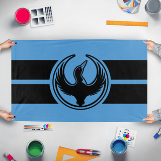 A mockup of the custom flag 'Minnesota Rebel Loon flag' held up on a table during print checking