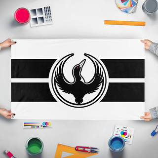 A mockup of the custom flag 'Minnesota Rebel Alliance flag' held up on a table during print checking