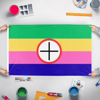 A mockup of the custom flag 'Integrated flag' held up on a table during print checking