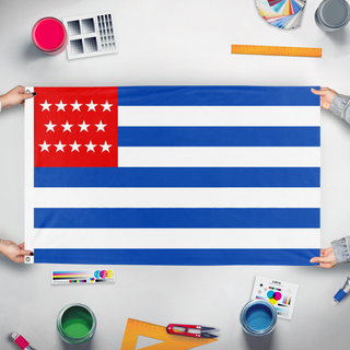 A mockup of the custom flag 'El Salvador 1873-1912 flag' held up on a table during print checking
