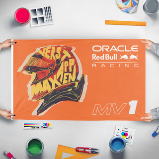 A mockup of the custom flag 'MV1 flag' held up on a table during print checking