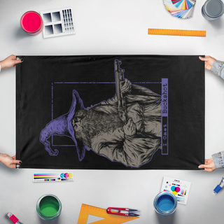 A mockup of the custom flag 'Concept flag' held up on a table during print checking