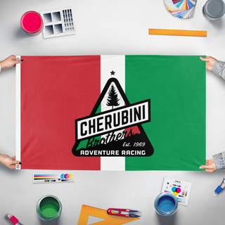 A mockup of the custom flag 'Cherubni-racing-ital flag' held up on a table during print checking