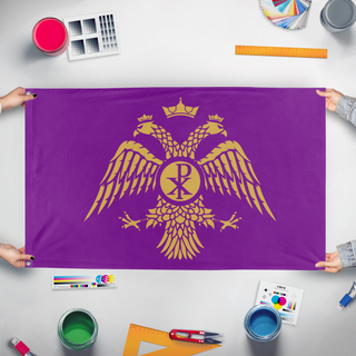 A mockup of the custom flag 'Byzantine Empire Double-Headed Eagle flag' held up on a table during print checking