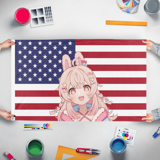 A mockup of the custom flag 'USPIP flag' held up on a table during print checking