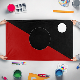 A mockup of the custom flag 'The Nexus Union flag' held up on a table during print checking